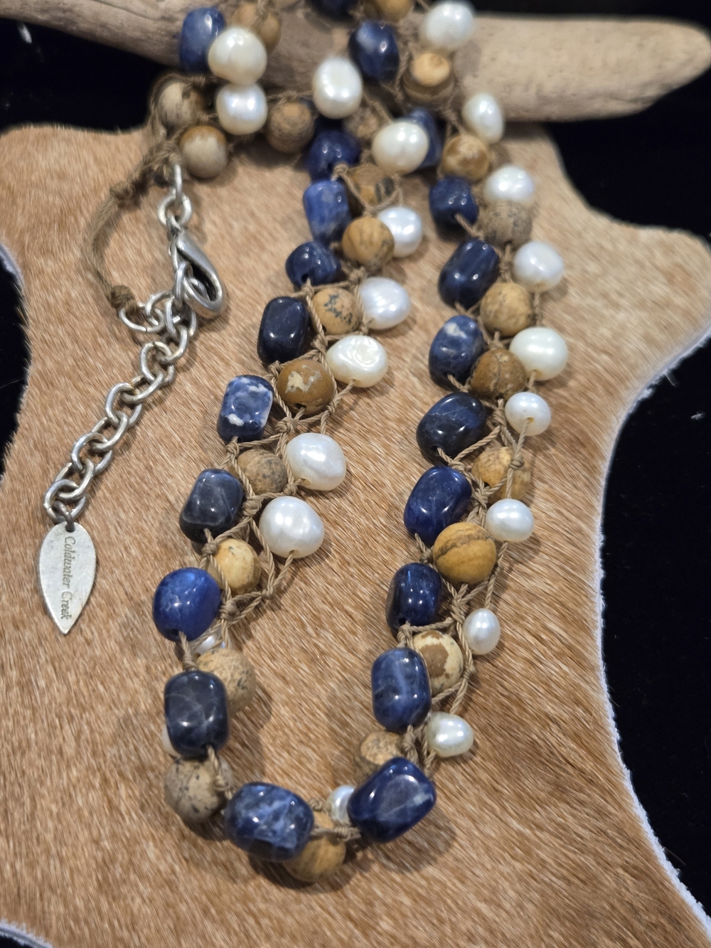 Coldwater Creek Blue Sodalite, Pearl & Tan Jasper Beaded Necklace Aprox 20"
